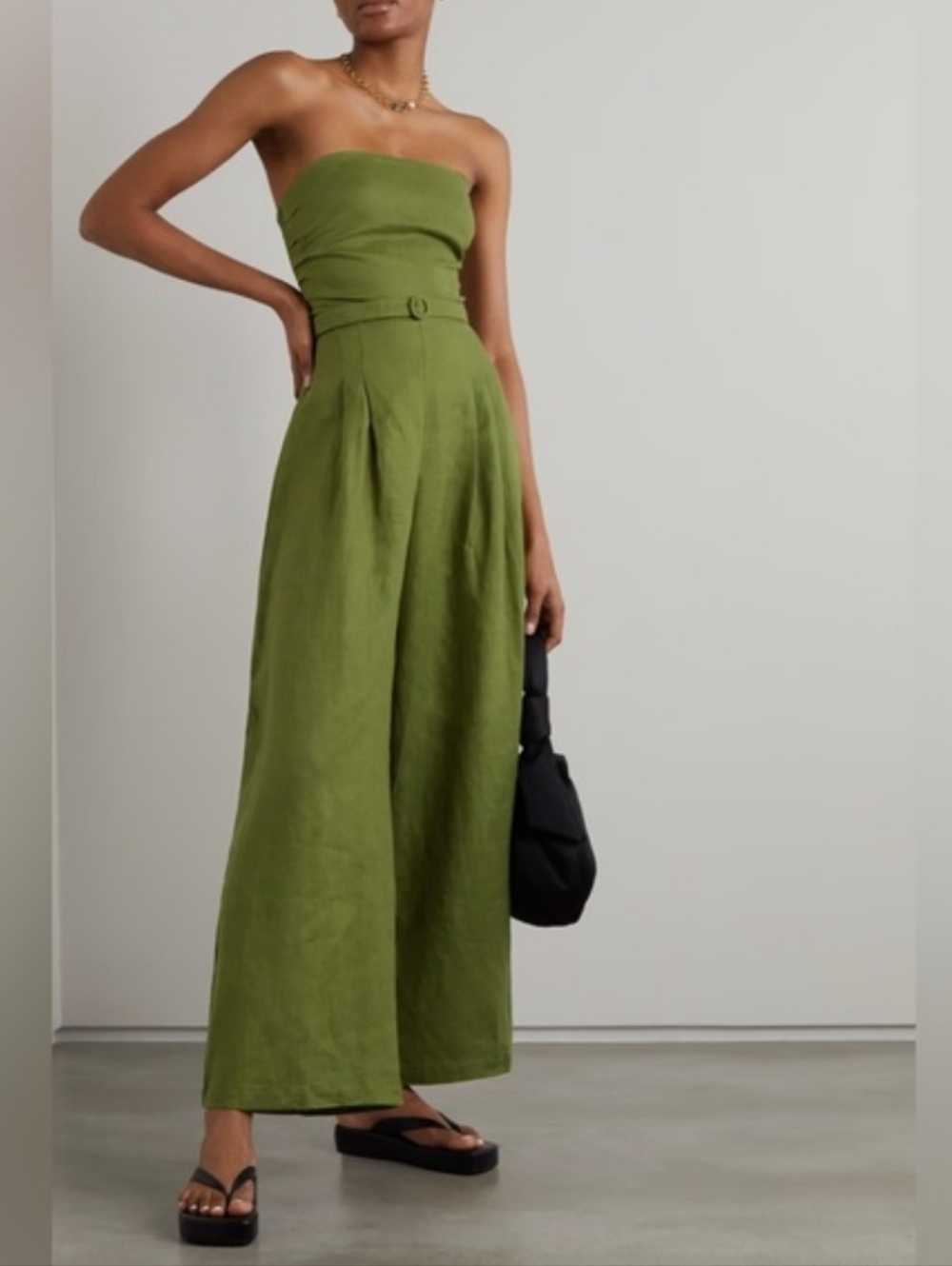 Faithfull the Brand Alegrias Linen Jumpsuit Wide Leg Palm Green Belted Size M
